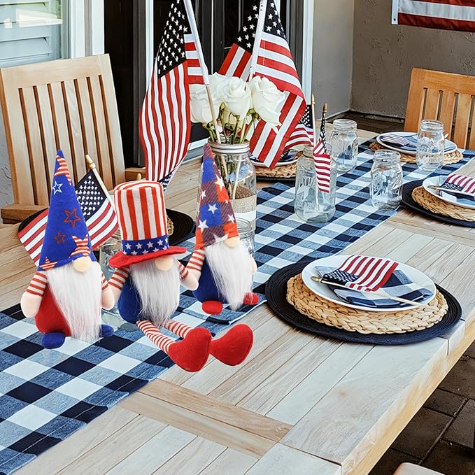 4th of July Decorations Patriotic Gnome Set of 3, 250th Anniversary USA Independence Day Decor, Red White and Blue Decorations for Tiered Tray Mantel Shelf Table