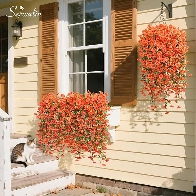 Serwalin Artificial Hanging Flowers for Outdoors Decoration, 8PCS UV Realistic Resistant Silk Artificial Fake Plants Outdoor for Porch Patio Balcony Planter Garden Yard Decor (Orange,8PCS)