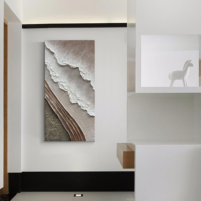Hand Painted Thick Texture Art Oil Painting on Brown and White Beach Waves Landscape Art Home Wall Decorative Painting 48x24 Inches