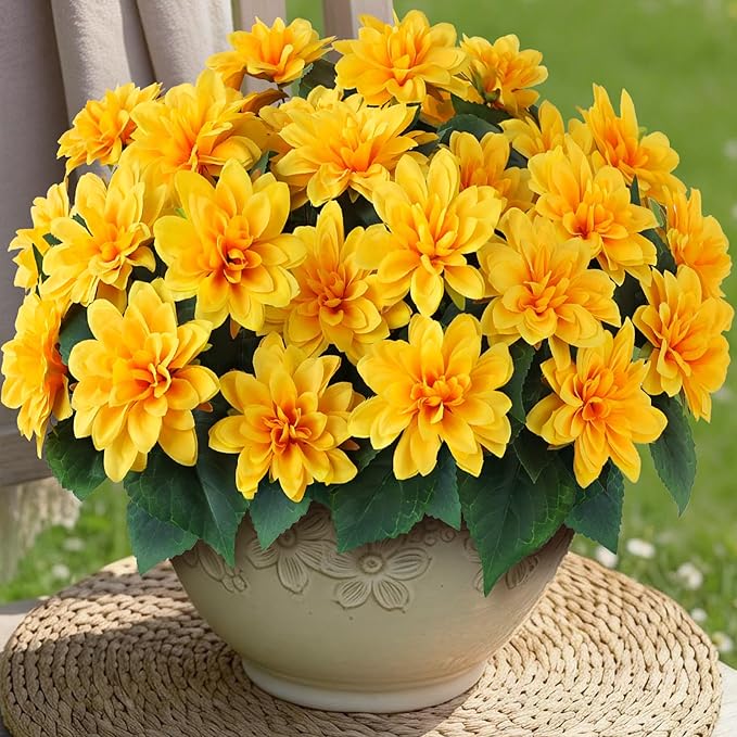 VIERENA 8 Bundles Artificial Dahlia Flowers for Outdoors Spring Summer Decor, No Fade Silk Flower Faux Dahlias Plant Arrangement for Home Garden Balcony Farmhouse（Yellow）