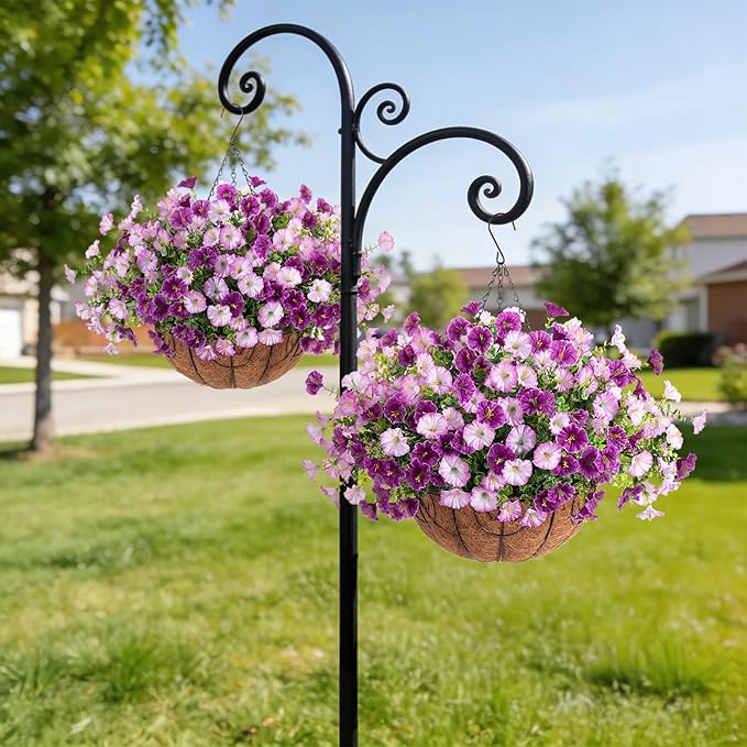 Artificial Fake Hanging Flowers with Basket for Outdoors, Faux Petunias Flowers Fake Hanging Plants with Eucalyptus Realistic UV Resistant for Patio Garden Porch Balcony Yard Decor(Double Purple)