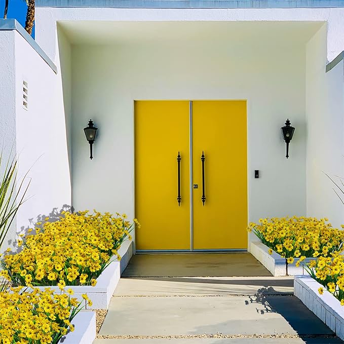 LikSoor 21 Bundles Artificial Outdoor UV Resistant Flowers No Fade Fake Outside Flowers Plastic Greenery Faux Shrubs Garden Porch Window Box Home Decoration (Yellow)