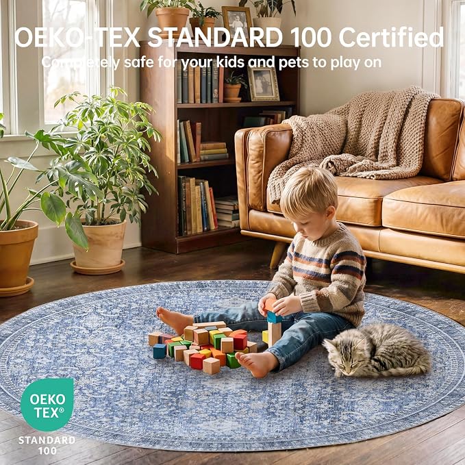 Sasttie Round Rugs 6ft, Ultra-Soft Washable Circle Rug, Low Pile Foldable Thin Carpets with Non-Slip Backing, Skin-Friendly Stain Resistant Carpet for Living Room, Bedroom, Kitchen, Dorm, 6ft, Blue