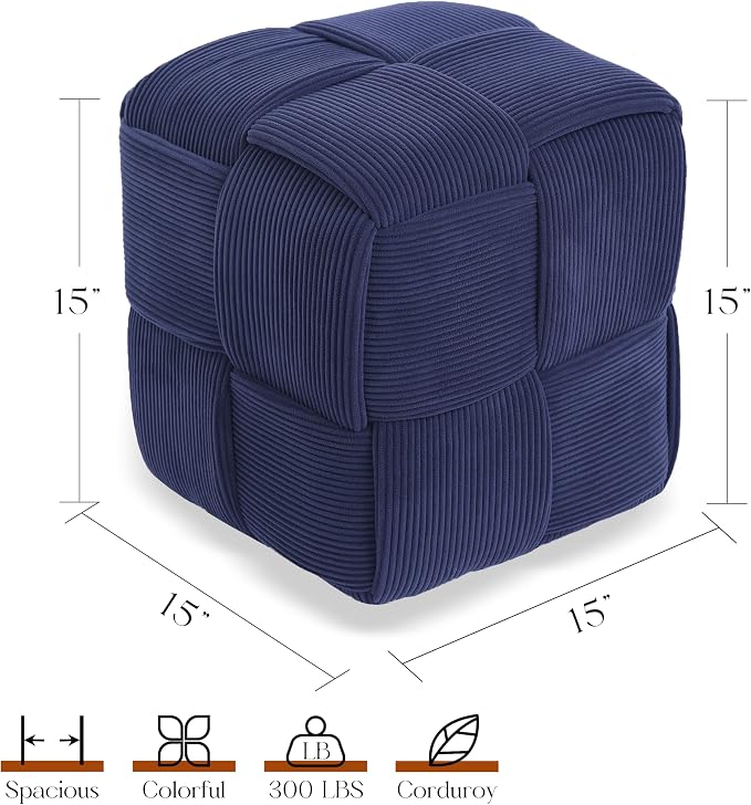 Cmishe 15" Square Woven Corduroy Ottoman Footrest - Modern Vanity Stool for Living Room & Entryway, Eco-Friendly Wood Frame, No Assembly (Blue)