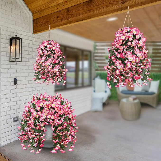 Sggvecsy Artificial Fake Hanging Flowers Plants for Outdoor Outside Spring Summer Decoration 4PCS Faux Silk UV Resistant Realistic Morning Glory Trailing Vines for Home Porch Patio Balcony(Pink)