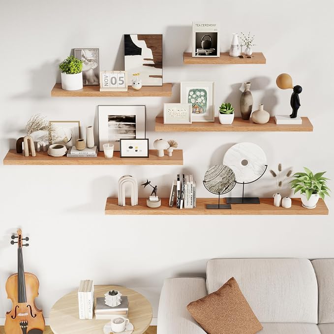RICHFOCUS Floating Shelves for Wall 72 Inch Solid USA-Sourced Oak Wooden Shelves for Bathroom Kitchen 9" Deep Modern Wood Shelf with Heavy-Duty Bracket for Wall Mounted, Natural Finish