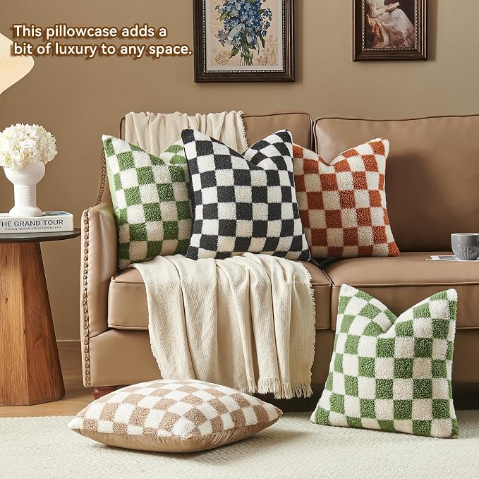 AmHoo Pack of 2 Decorative Throw Pillow Covers Checkerboard Luxury Super Soft Faux Fur Wool Set Case Cushion for Couch Sofa Bedroom 16 x 16-Inch Sage Green