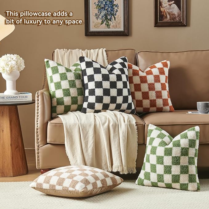 AmHoo Pack of 2 Decorative Throw Pillow Covers Checkerboard Luxury Super Soft Faux Fur Wool Set Case Cushion for Couch Sofa Bedroom 24 x 24-Inch Burnt Orange