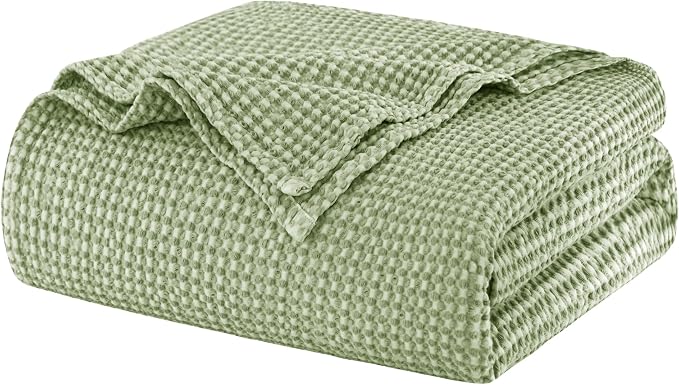 Talasily 100% Cotton Blanket Queen Size for Bed - Spring and Summer Cooling Lightweight & Breathable Bedding -Soft Waffle Weave Christmas Blanket, Machine Washable,Sage Green,90x90 Inches