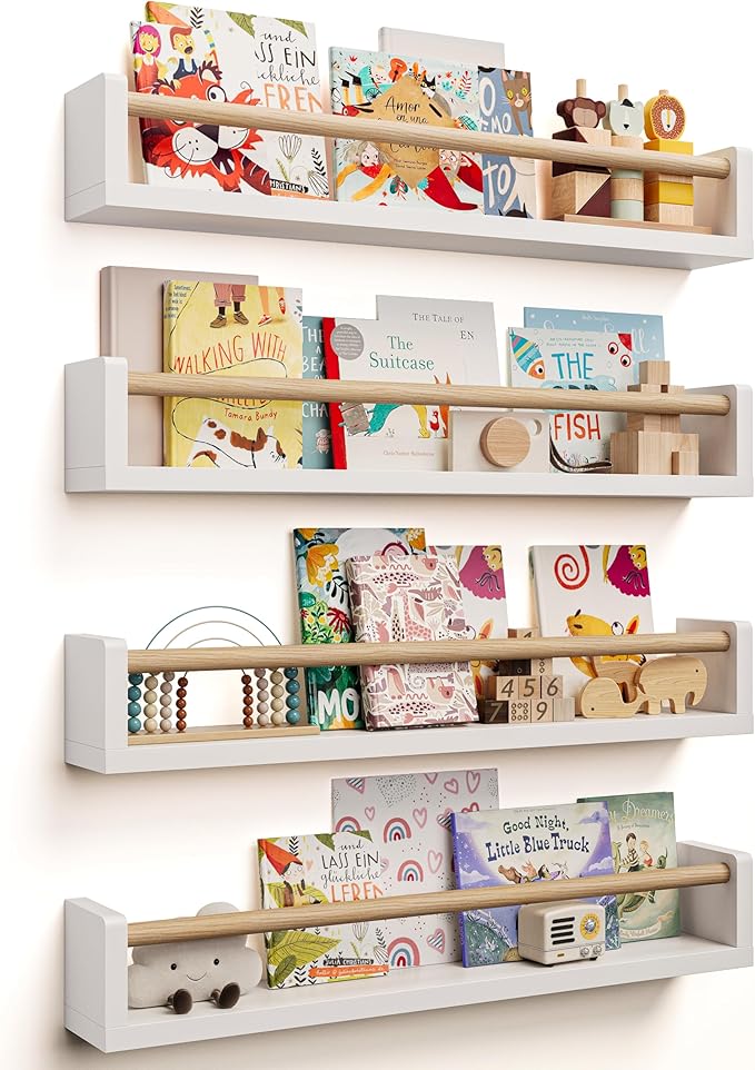 Seocry Nursery Book Shelves, 4 Pack, Wall Book Shelves for Kids Room, Baby, Toddler, Nursery Decor (White Wood, 23 Inches)