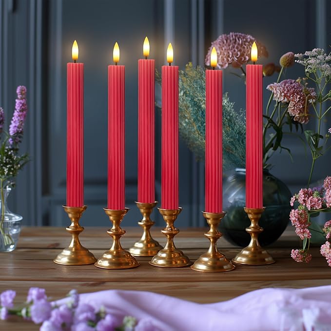 12 Pack, 10" LED Flameless Real Wax Red Fluted Ribbed Grooved Taper Candles, Remote & 24h Timer Memory, On/Off Button, Dimmable, Flicker Mode, Battery Operated, Wedding
