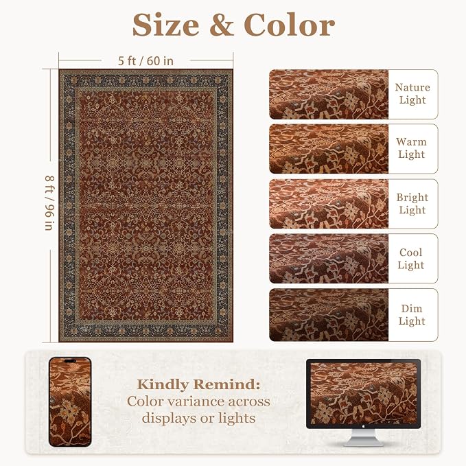 5x8 Washable Area Rugs, Low Pile Thin Print Living Room Bedroom Rug Non Slip, Vintage Maximalist Carpet Rugs for Dining Room Home Office Old Money Aesthetic, Deep Burnt Orange
