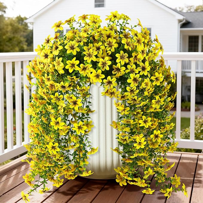 ZFProcess Artificial Hanging Flowers Plants for Outdoor Spring Summer Decoration, 2PCS Faux Silk Daisy UV Resistant Look Real for Outside Home Indoor Planter Porch Garden Yard Decor(Yellow)