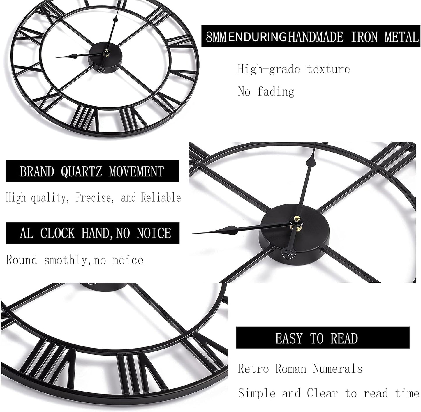 1st owned Large Wall Clock Silent Non-Ticking Roman Numerals Vintage Battery Operated (24 inch,18inch,16inch) Farmhouse Wall Clock for Living Room, Bedroom, Kitchen, Cafe Decor-Black 47CM