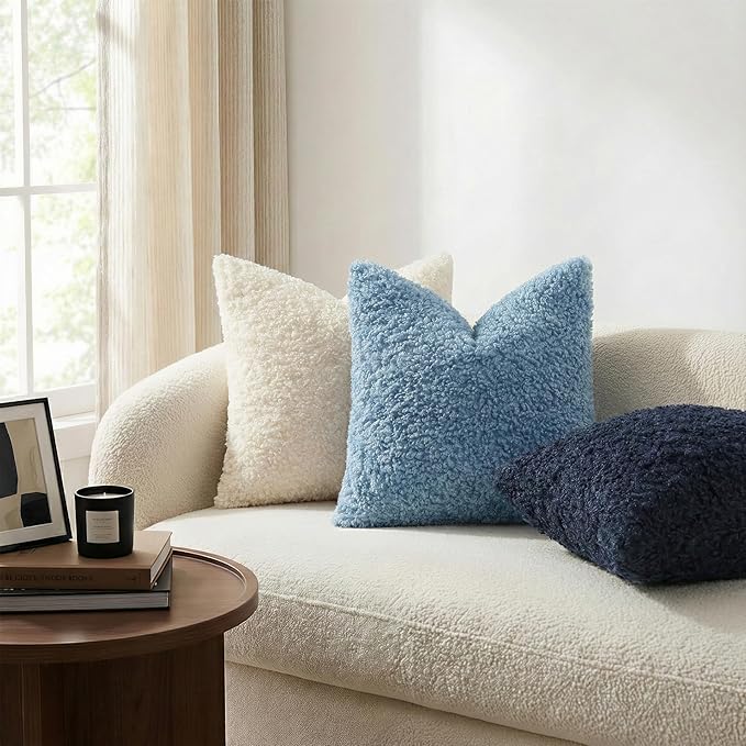 decorUhome Pack of 2 Throw Pillow Covers 24x24 Inch, Faux Fur Decorative Sherpa Pillow Covers Fuzzy Accent Soft Sheepskin Fleece Pillow Cases for Couch Living Room Bed, Light Blue