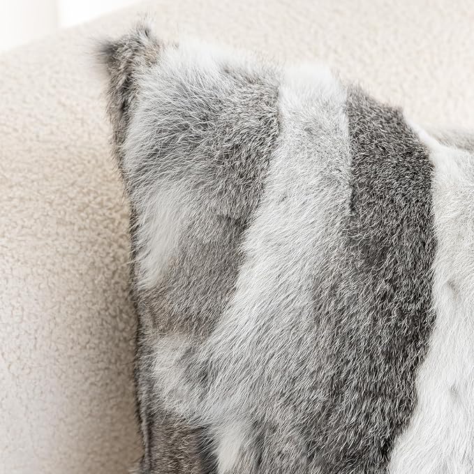 Genuine Rabbit Fur Pillow Covers Set of 2, Luxury Decorative Throw Pillowcases Fluffy Animal Skin Accents Bolster Cushion Cover for Couch Sofa Bedroom Living Room Home,12x20inch, Grey