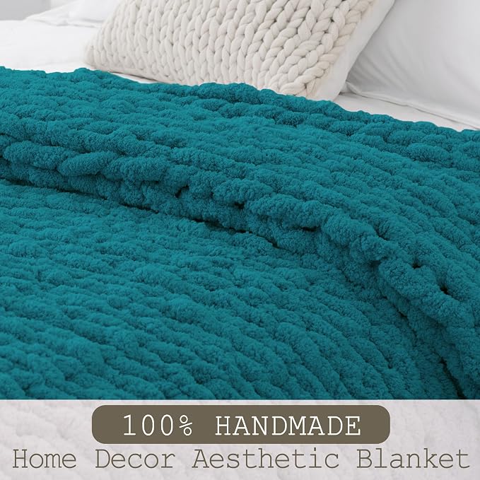 Chunky Knit Throw Blanket 50x60, 100% Handmade Chenille Yarn | 4.4lbs Soft Thick Cable Knitted Blankets, Large Rope Knot Crochet Throws for Couch Sofa Bed Machine Washable, Teal