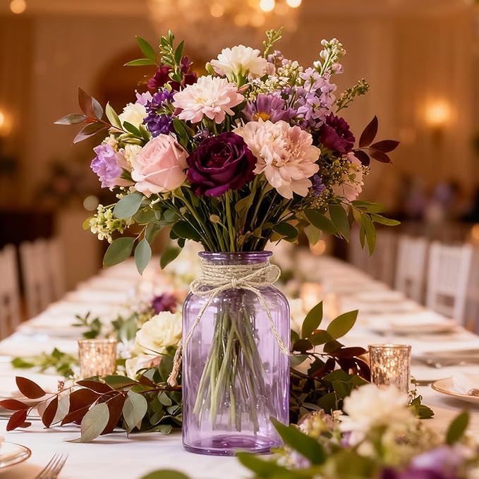 Vintage Glass Flower Vase, Farmhouse Glass Centerpiece Vases Mason Jars for Weddings, Parties & Home Decor Bulk (6, Purple)