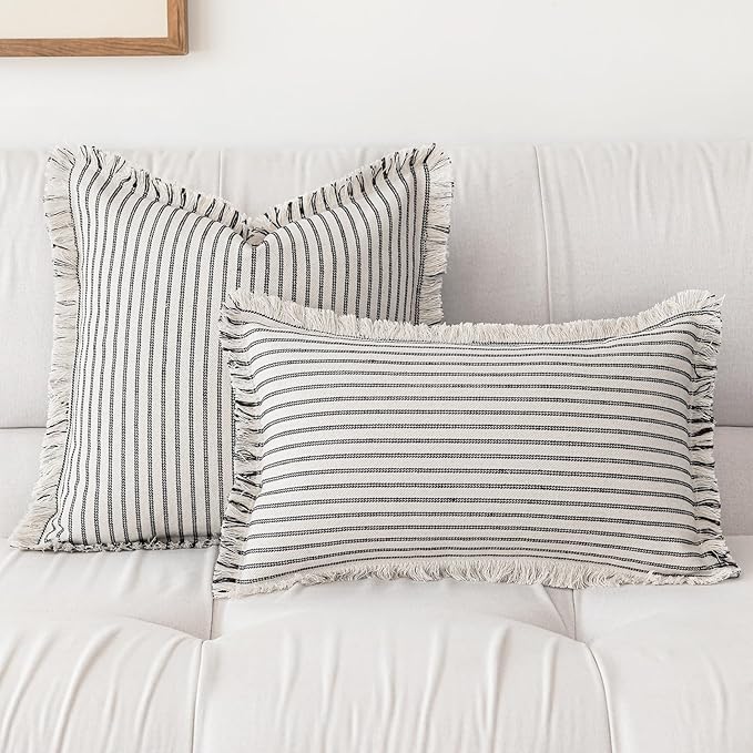 YEENAASY Throw Pillow Covers 20x20 Set of 2 Striped Fringe Pillow Cover Farmhouse Cushion Covers with Tassel Neutral Boho Pillows Decorative Square Pillowcase for Couch Sofa Bed, Black