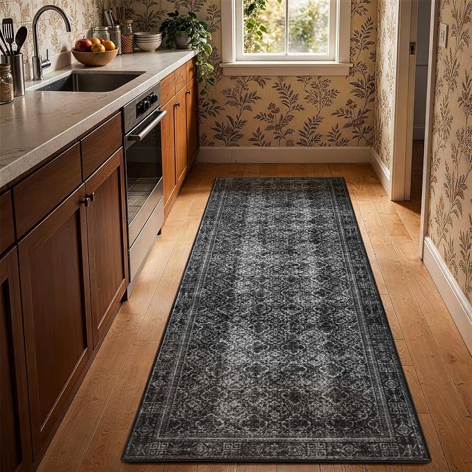 LIANLAM 2x6 Washable Area Rug, Vintage Boho Traditional Pattern, Non-Slip Stain Resistant Rug for Living Room Bedroom(2x6,Black/Boho)
