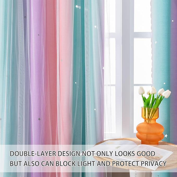 XiDi Kids Curtains for Girls Bedroom 2 Panels Set Star Cutout Rainbow Blackout Curtains for Nursery Decor Window Treatment Grommet Room Darkening Drapes 63 Inches Long Pink Purple Green W42 x L54