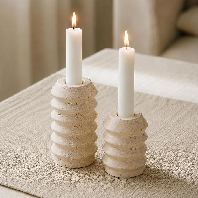 Candle Holders True Natural Travertine Stone 0.4" Thick, Set of 2 Premium Marble Candlestick Holder for Wedding Dinning Party, Candle Stand for 3/4 inch Thick Candles Color White (ZT002)