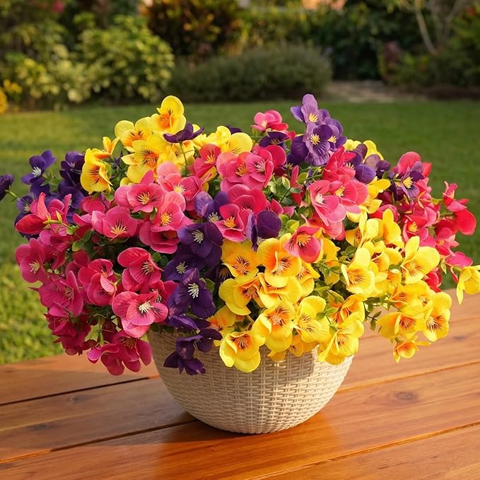 trytuny Artificial Flowers for Outdoor, Realistic Faux Plants for Outside Indoor Porch Patio Window Box Planter Home Decor (12pcs - Yellow Purple Rose red)