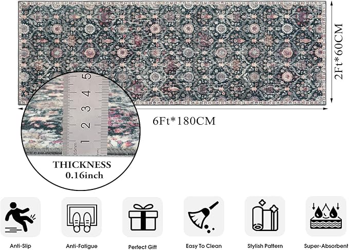 Lahome Moroccan Trellis Washable Runner Rug, 2x6 Kitchen Runners for Hallways 6 Feet Non Slip, Vintage Laundry Room Rug Ultra-Thin Carpet for Bathroom Bedroom Entryway Elise, Black/Multi