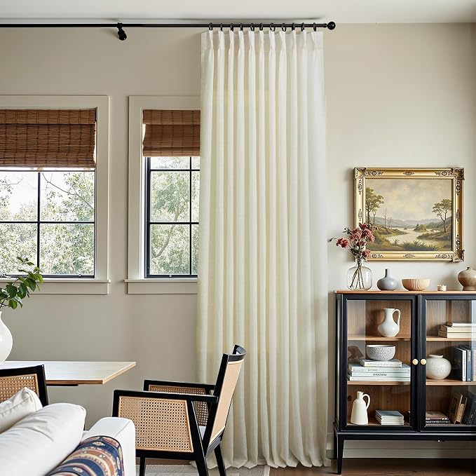 Extra Wide Linen Curtains 102 Inches Long 70 Inch Wide for Living Room Bedroom Light Filtering Tan Beige Pinch Pleated Curtains Hooks Rings Back Tab Pleat Drape for Patio Sliding Door 2 Panel 70Wx102L