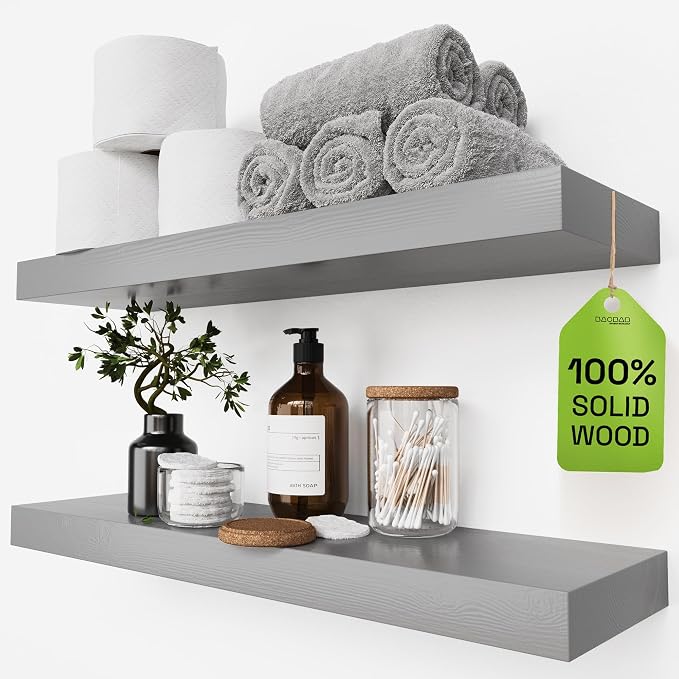 Solid Wood Floating Shelves for Wall 24 inch Grey, Wooden Bathroom Shelf | Real Wood, Wall Mounted, Bedroom Kitchen Living Room, Rustic Farmhouse, Gray Finish, 24W x 6,7D, Set of 2