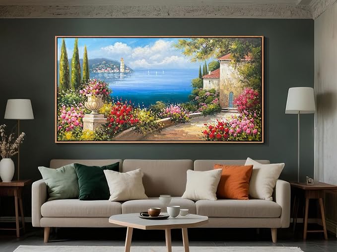 Arjun Extra Large Wood Framed Landscape Wall Art Canvas Living Room, Hand Painted Seascape Painting Bedroom Flower Blue Ocean Picture Artwork Home Office Wall Decor 58"x29"
