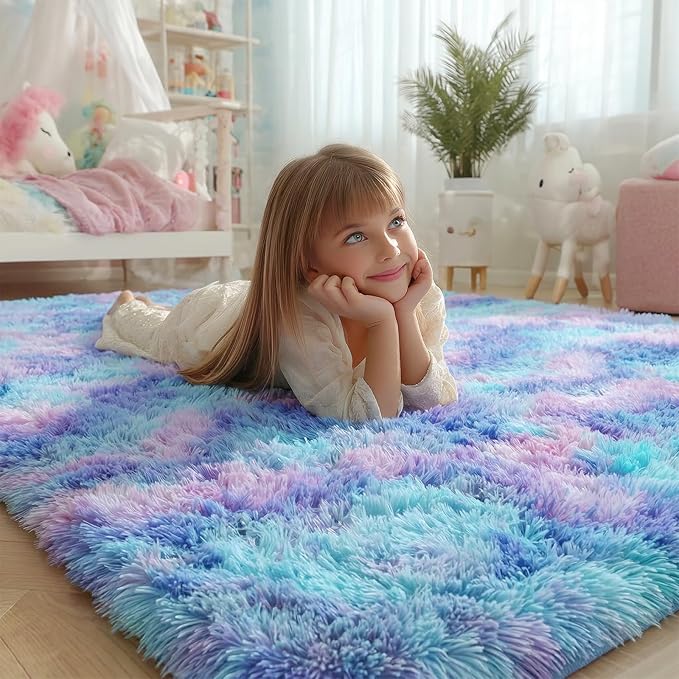 PAGISOFE Cute Kawaii Rugs for Girls Bedroom, 5x8 Rainbow Purple Area Rug, Soft Fluffy Shag Rug for Girls Room Baby Kids Playroom Nursery Classroom Plush Furry Mermaid Rug, Fuzzy Pastel Colorful Carpet