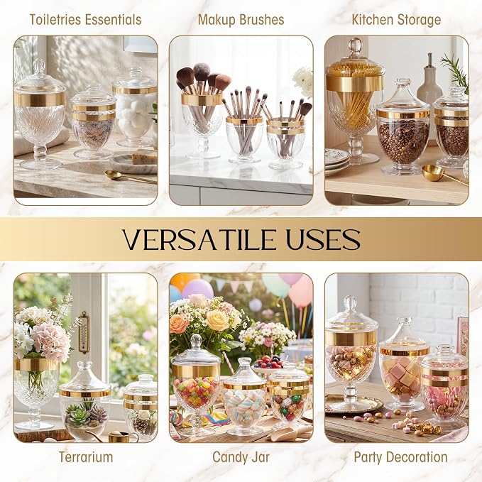3 Pcs Apothecary Jar with Lid Decorative Crystal Candy Jar for Candy Buffet Bathroom Storage Canisters Wedding Organization Canisters for Home