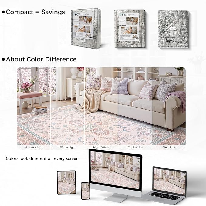 DCX 3x5 Pink Vintage Floral Rug, Machine Washable Non Slip Low Pile Carpet for Girl’s Bedroom, Nursery, Dorm, Kid & Pet Friendly Soft Stain Resistant Rug
