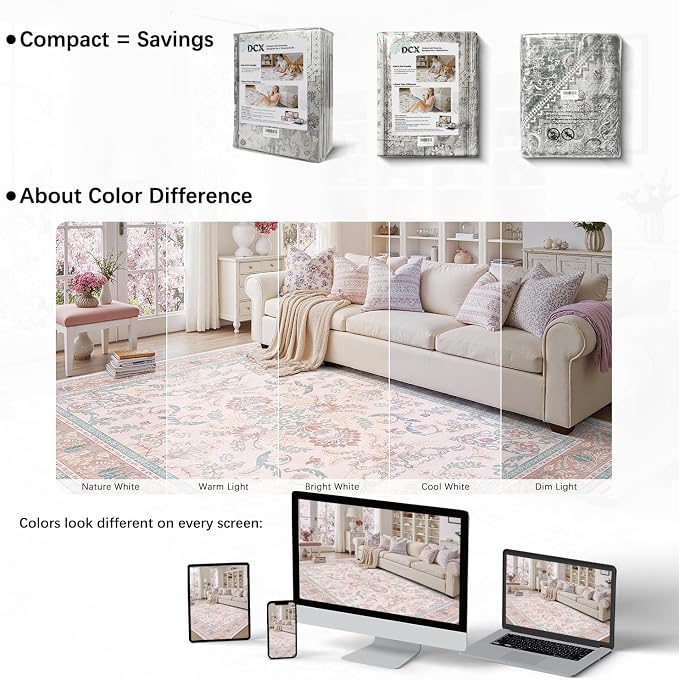 DCX 9x12 Pink Vintage Floral Rug, Machine Washable Non Slip Low Pile Carpet for Girl’s Bedroom, Nursery, Dorm, Kid & Pet Friendly Soft Stain Resistant Rug