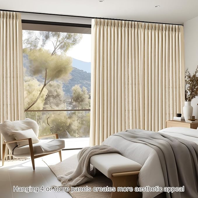 Pinch Pleated Extra Wide Linen Curtains 90 Inch Long for Sliding Glass Door, Sand Beige Light Filtering Curtain Textured Thick Semi-Sheer Pleat Drapes with Hooks 60 Inch Width for Living Room, 1 Panel