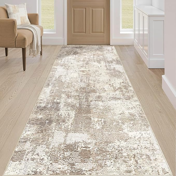 Runner Rug Kitchen Washable Rugs: 3x10 Non-Slip Abstract Soft Modern Stain Resistant Indoor Floor Neutral Accent Throw Carpet for Hallway Bathroom Laundry Room Entryway Bedroom- Beige Brown