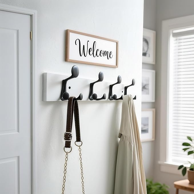 WEBI Coat Rack Wall Mount,24" Solid Wood Coat Hooks Wall Mounted Coat Hanger,16" Hole to Hole,Heavy Duty Hook Rack Rail,4 Triple Hooks for Hanging Coats,Jacket,Clothes,Hat,Backpack,White,2 Packs