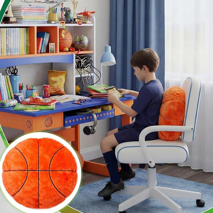 Juexica 18 Inch Basketball Pillow for Boys Room, Soft Plush Basketball Decorative Pillow, Sports Theme Bedroom Decor for Kids Playroom Sofa Bed