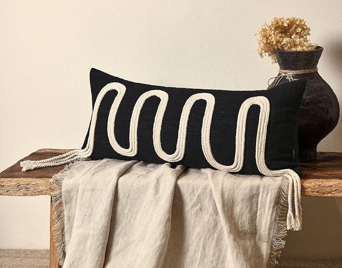 Black Decorative Lumbar Pillow Cover 12x28, Handwoven Boho Long Body Pillowcase, Farmhouse Linen Cotton Pillow Cushion Case for Sofa, Bed, Living Room, Bedroom