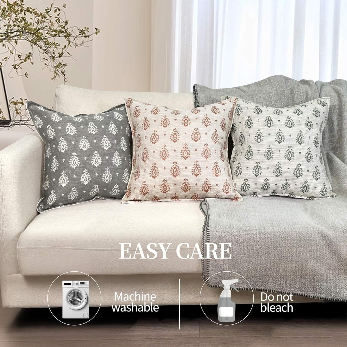 Floral Throw Pillow Covers 18x18 Set of 2, Dark Grey Decorative Pillow Covers Neutral Faux Linen Cotton Blend, Vintage Look for Couch, Sofa, Bed, Living Room