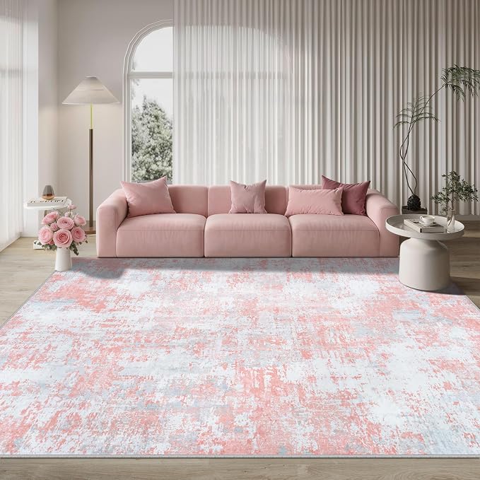Pink Rug Carpet 10x14 Area Rugs for Bedroom Girls: Washable Modern Rug for Living Room Dining Room Non Slip Low Pile 10 by 14 Indoor Abstract Home Office