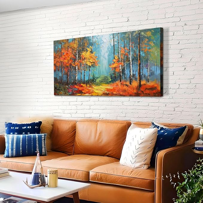 Arjun Nature Wall Art Landcape Canvas Forest Painting, Textured Reddish Forest Framed Artwork Large Picture Living Room Bedroom Dining Room Kitchen Home Office Wall Decor 40"x20"