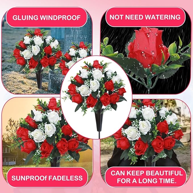 Lodou Set of 2 Artificial Cemetery Flowers, Memorial Flowers Bouquet,Grave Memorial Flowers with Vase for Cemetery Headstones Decoration (Red White)