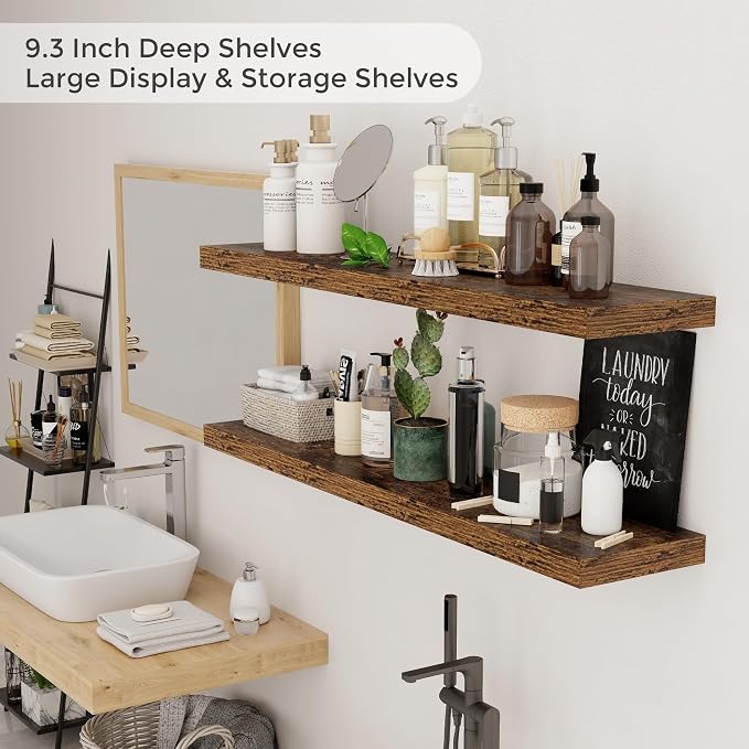 Floating Shelves for Wall, 48 inch Extra Long Floating Shelves, 9.3in Deep Wall Mounted Floating Shelf, Rustic Wall Shelves for Living Room, Bathroom, Kitchen, Office, Floating TV Stand, 2 Packs