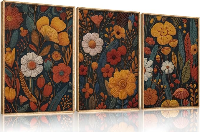 Large Boho Floral Framed Canvas Wall Art Set 16"x24"x3 | Vintage Orange Flowers Wall Decor Abstract Botanical Art Rustic Neutral Wildflower Artwork Bedroom Living Room Office