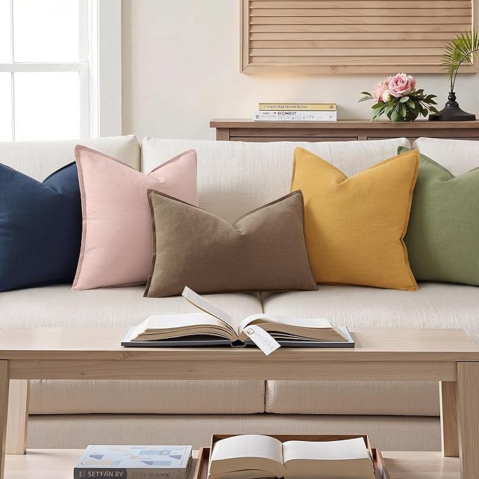 decorUhome Summer Decorative Linen Throw Pillow Covers 12x20 Inch Set of 2 Light Brown Lumbar Pillow Covers with Flange Edges Soft Farmhouse Boho Accent Pillow Cases for Couch Bed Living Room