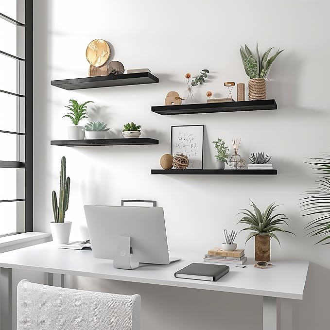 YYWUOJJ Wood Floating Shelves for Wall Decor, Rustic Wall Shelves for Bedroom Bathroom Kitchen Living Room, Set of 4 Black 24 Inch