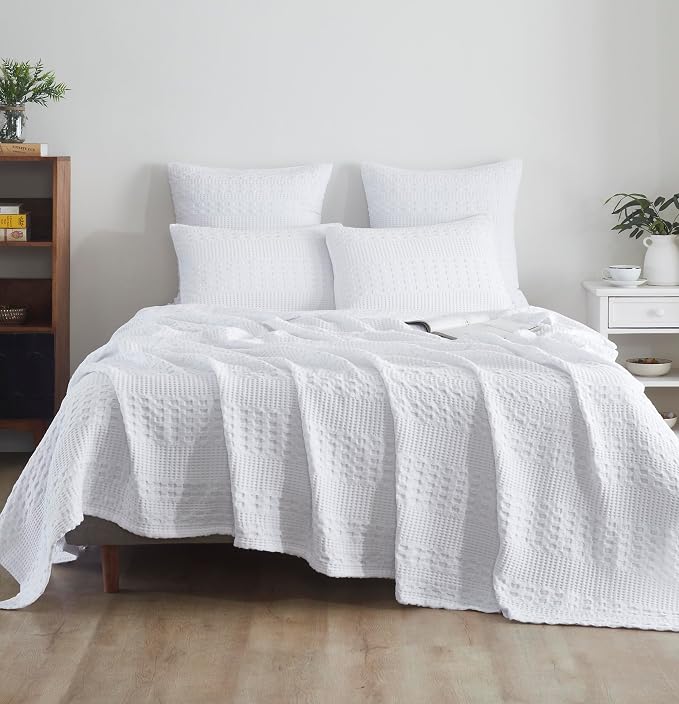VHC Brands 100% Cotton Waffle Weave Twin Blanket 66"x90", Decorative Lightweight Spring and Summer Throw Blanket, Bedroom Decor for Bed, Couch, or Sofa, White