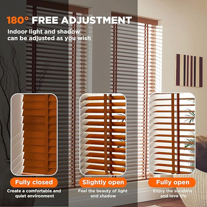 2" Slats Wood Blinds for Indoor Windows: Wooden Blackout Blinds & Shades,Black Out Privacy Horizontal Blinds for Home Bedroom Bathroom Living Room Windows Brown 29.5" WX 64" H